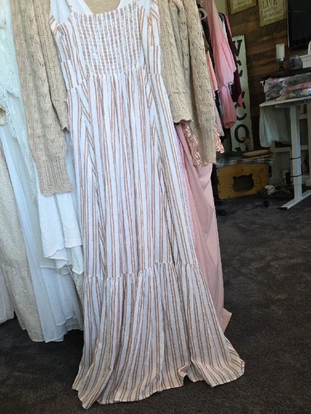 Abercrombie & Fitch Striped Button-Front Maxi Dress in Cream and Tan